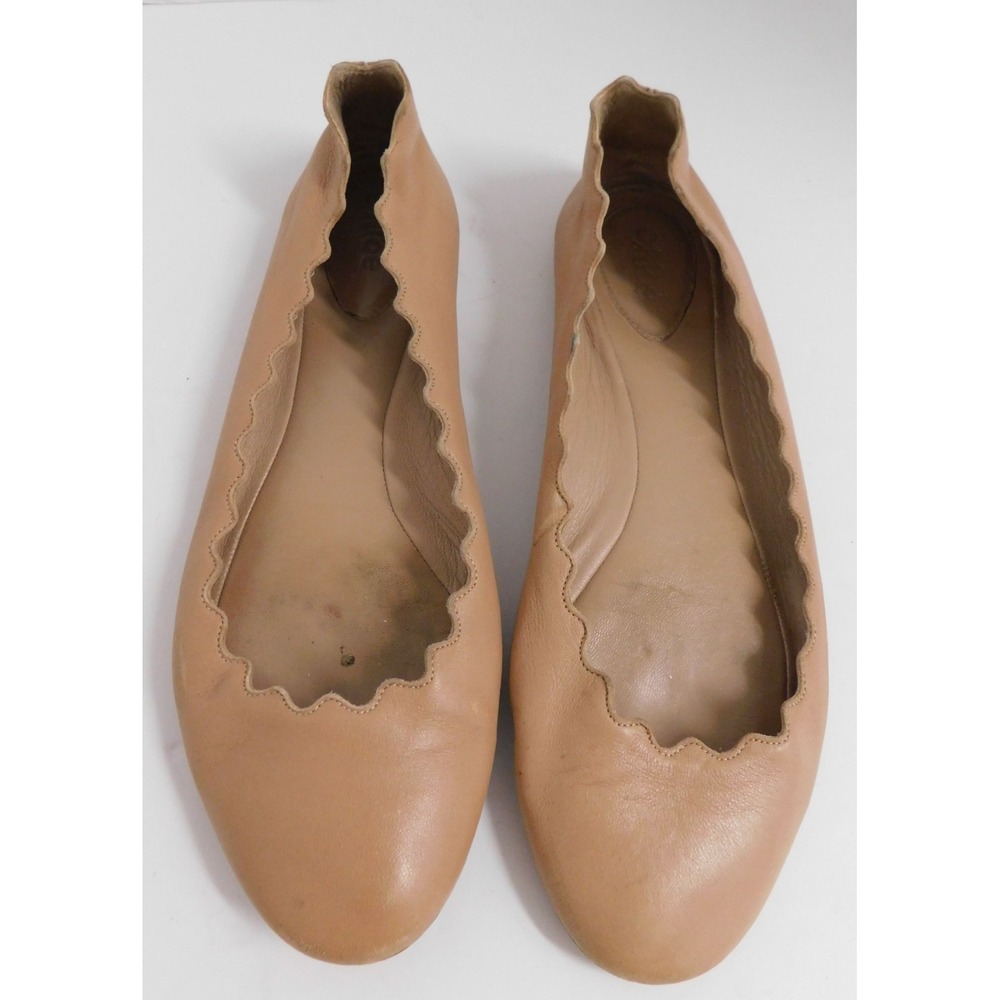 Authentic Chloe Scalloped Ballet Flats Round‎ toe Genuine Leather Beige 37